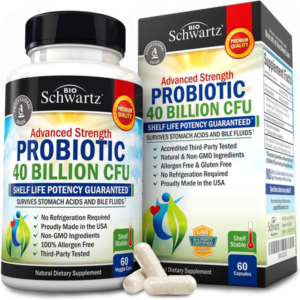 Bioschwartz Probiotic 40 Billion CFU - Probiotics for Women and Men with Prebiotics, Lactobacillus Acidophilus, Astragalus for Gut Health, Digestive Relief - Shelf Stable Supplement, N