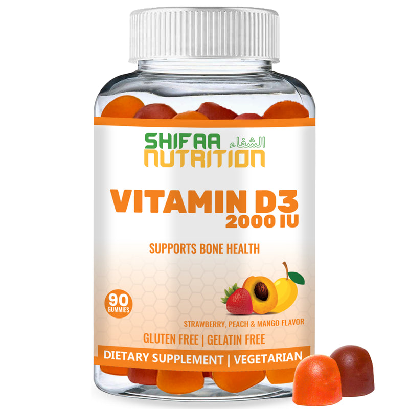 Halal Vitamin D3 Gummies 2000 IU | 90 Gummies, 45 Servings | Vegetarian, Non-Gmo, Gluten-Free, Gelatin-Free, Dairy-Free | Support for Bones, Muscles & Immune System | SHIFAA NUTRITION
