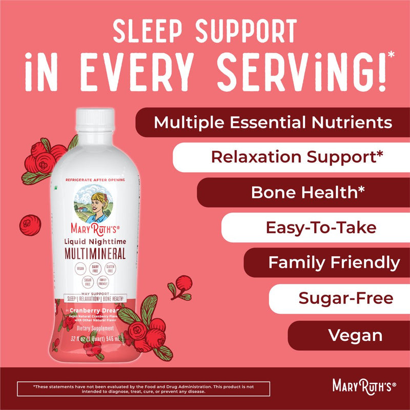 Maryruth Organics | Liquid Nighttime Multimineral Supplement | Sleep Support for Adults & Kids 1+ | Relaxation, General Wellness | Vegan, Gluten Free | 32 Fl Oz