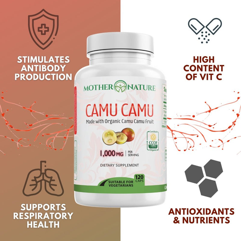 Organic Vitamin C Camu Camu Capsules 1,000Mg, Packed with Natural VIT C, Raw Antioxidants - Immune Support Supplement & Anti-Aging for Skin - Camu Camu Powder Organic, Vegan, Non-Gmo (120 Count)