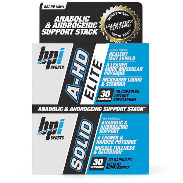BPI Sports A-HD Elite/Solid Test Booster, Muscle Builder Stack, 60 Capsules