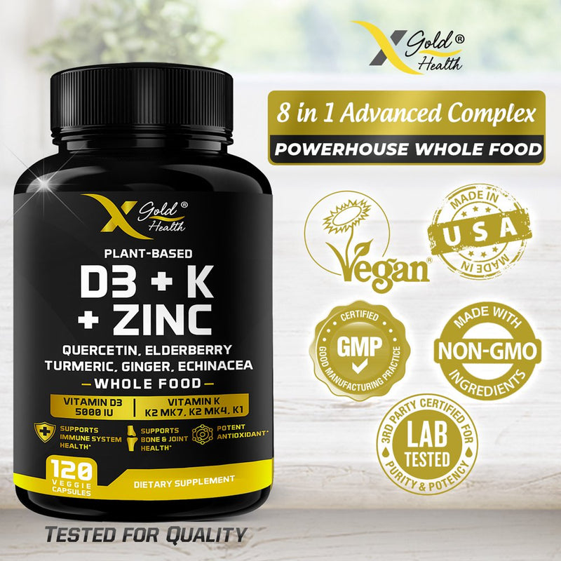 X Gold Health Vitamin D3 + K Complex Supplement: Vitamin D3 5000 IU with Vitamin K2 MK7, MK4 and K1 Capsules, 120 Count