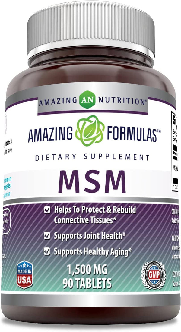 Amazing Formulas MSM (Methylsulfonylmethane) Dietary Supplement 1500Mg, 90 Tablets (Non-Gmo, Gluten Free) per Bottle - Promotes Joint Health, Detoxification, Supports Healthy Hair, Skin and Nails