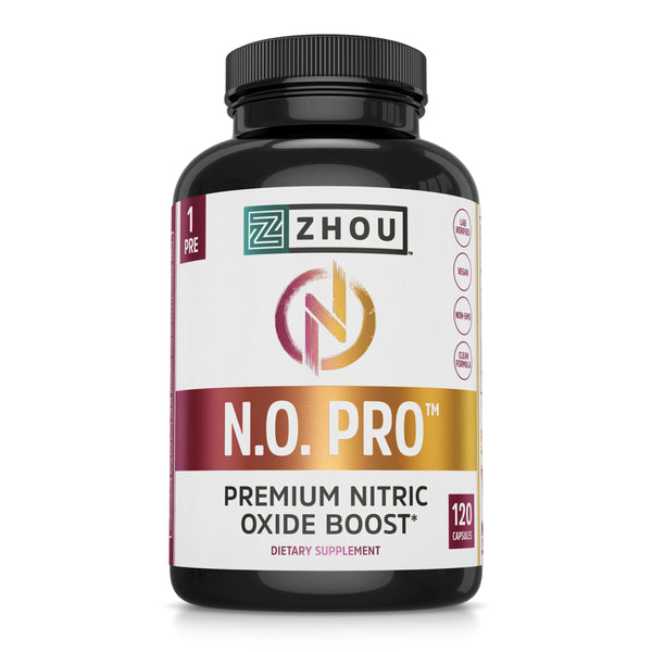 Zhou Nitric Oxide with L Arginine, Citrulline Malate, AAKG and Beet Root | Powerful N.O. Booster and Muscle Builder for Strength, Blood Flow and Endurance | 30 Servings, 120 Veggie Caps