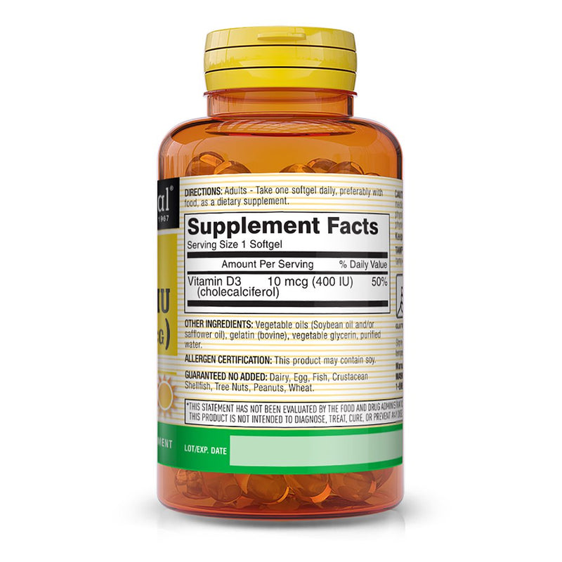 Mason Natural Vitamin D3 10 Mcg (400 IU) - Supports Overall Health, 100 Softgels
