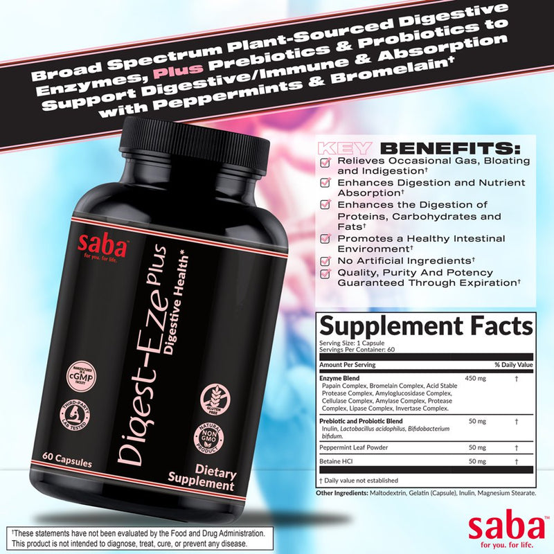 Saba Digestive-Eze Plus- Broad Spectrum of Plant-Sourced Enzymes, Prebiotics & Probiotics - Support Digestive & Gut Functions, Immunity & Nutritional Absorption with Betaine, Peppermints & Bromelain