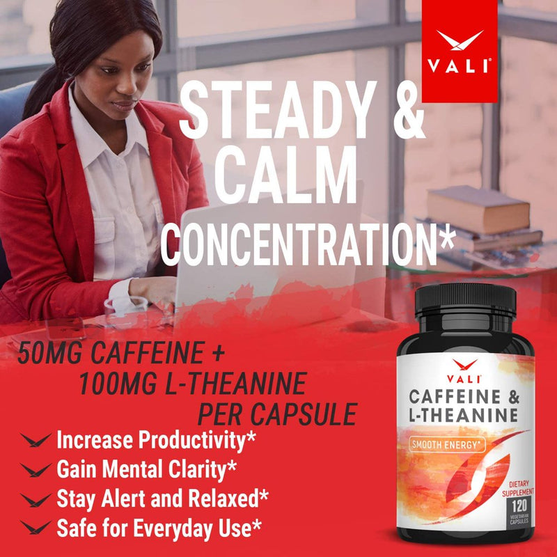 VALI Caffeine & L-Theanine Smooth Focused Energy Nootropic Supplement, 120 Veggie Capsules