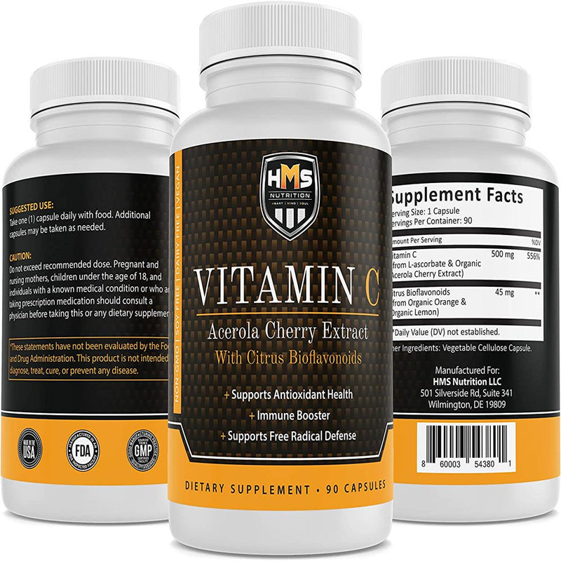 HMS Nutrition Acerola Cherry and Citrus Bioflavonoids Vitamin C - Supports Antioxidant Health, Immune Booster - Vegan, Organic - 90 Capsules,