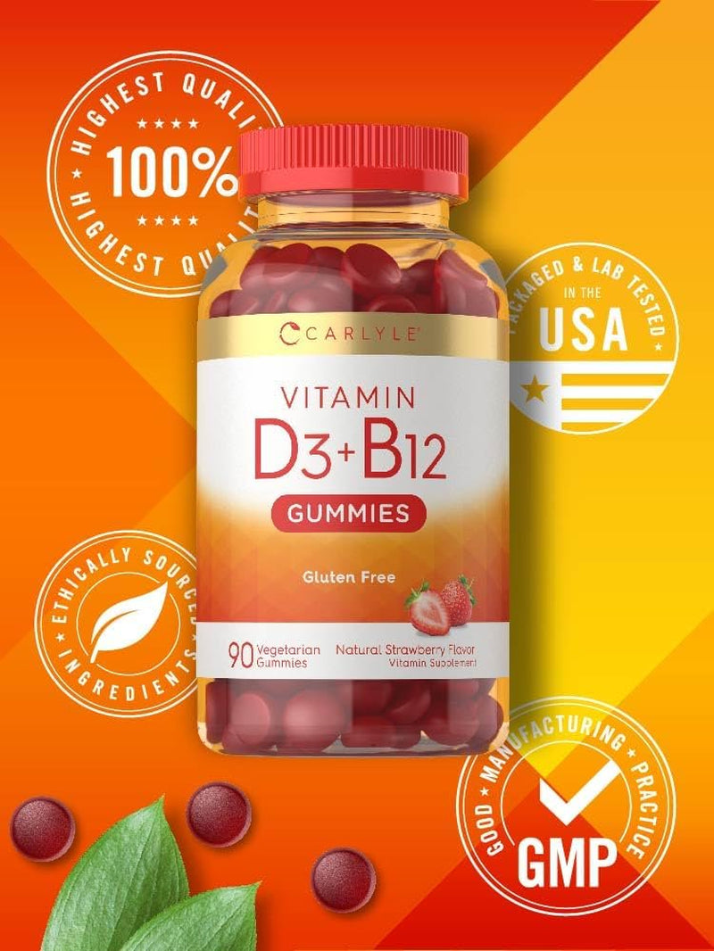 Vitamin D3 + B12 Complex | 90 Vegetarian Gummies | Natural Strawberry Flavor | by Carlyle