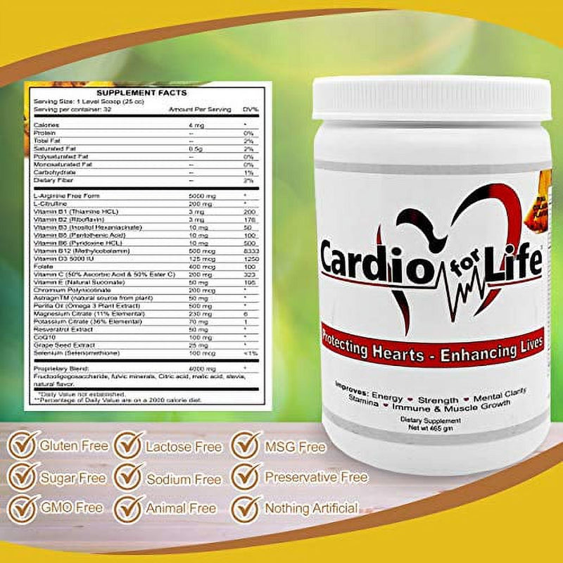 Cardio for Life L-Arginine Powder 16Oz - Pina Colada - Natural Nitric Oxide Supplement for Cardiovascular Health - Regulate Cholesterol & Blood Pressure - Increase Energy