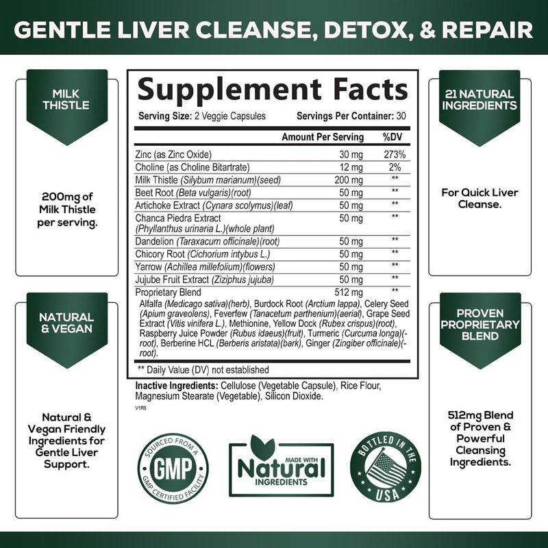 Gentle Liver Cleanse Detox & Repair Formula - Herbal Liver Support Supplement: Milk Thistle with Silymarin, Artichoke Extract, Dandelion, Beet, Chicory Root, & Turmeric for Liver Health - 60 Capsules