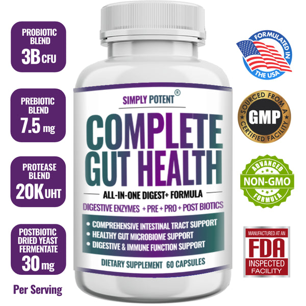 Complete Gut Health, Digestive Enzymes plus Prebiotic, Probiotic & Post Biotic Gastrointestinal Support, Supports Gut Health & Immune Function, 60 Capsules