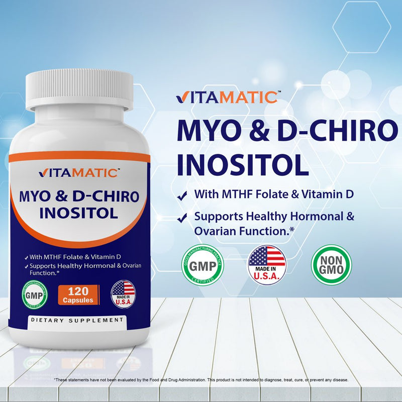 3 Pack Vitamatic Myo-Inositol and D-Chiro Inositol plus Folate and Vitamin D, 2000Mg 120 Capsules