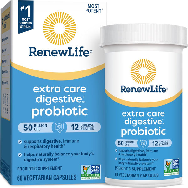 Renew Life Extra Care Digestive Probiotic Supplement, 60 Vegetarian Probiotic Capsules, 50 Billion CFU