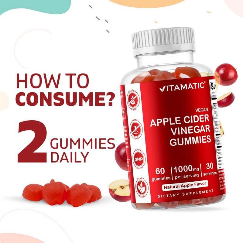 3 Pack - Vitamatic Apple Cider Vinegar Gummies - 1000Mg per Serving - 60 Vegan Gummies - ACV Gummies for Detox, Weight Loss Support, Energy Boost, Digestion & Gut Health (Total 180 Count)