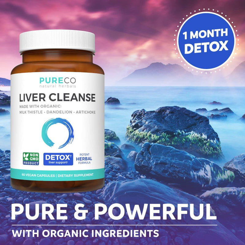 Pure Co Organic Liver Cleanse and Detox with Potent Milk Thistle Extract (80% Silymarin), Dandelion Root, Artichoke Leaf, Yellow Dock - Rescue Support Formula - 60 NON GMO Vegan Capsules