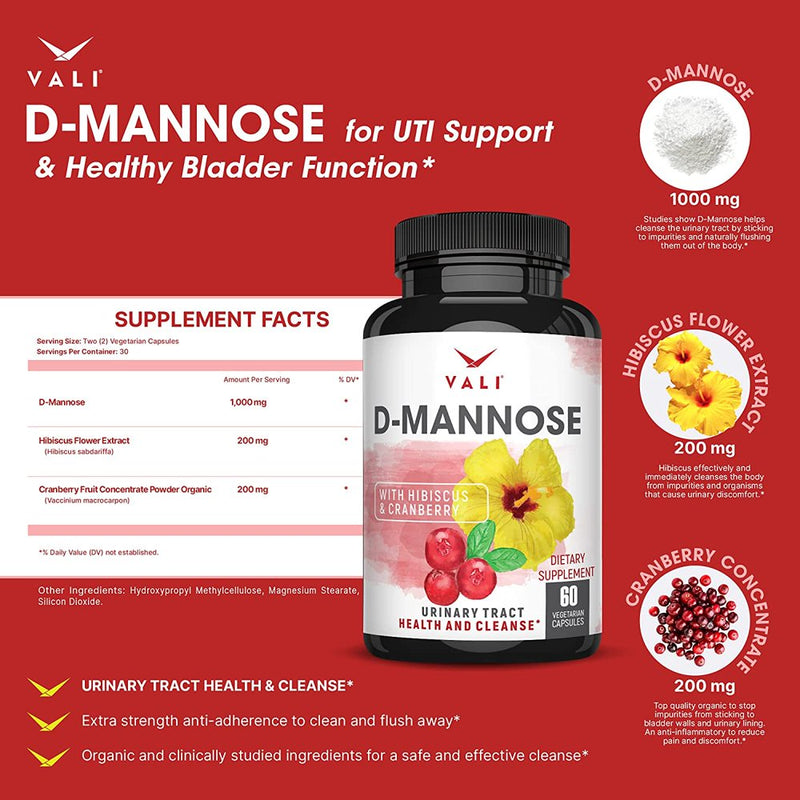 VALI D-Mannose with Cranberry & Hibiscus Urinary Tract Supplement, 60 Veggie Capsules