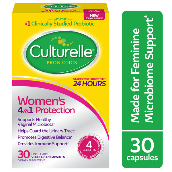 Culturelle Women’S 4-In-1 Daily Probiotic Supplements for Women - Supports Vaginal Health, Digestive Health, Immune Health, Occasional Diarrhea, Gas & Bloating - Non-Gmo - 30 Count