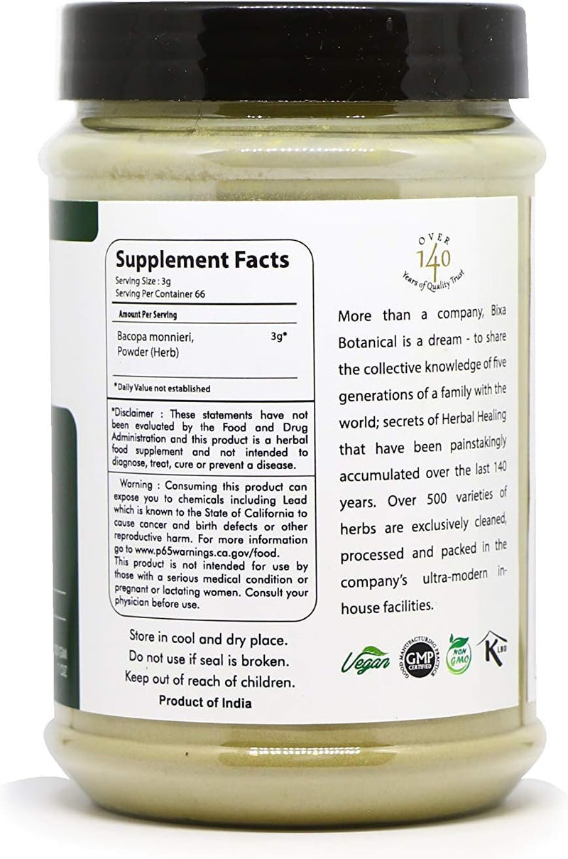 Bacopa Monnieri Powder ( Brahmi ) – 7 Oz / 200Gm, | Ideal Brain Booster Tonic | Natural Herbal Supplement for Mental Sharpness, Memory Intelligence, Focus & and Cognitive Wellness.