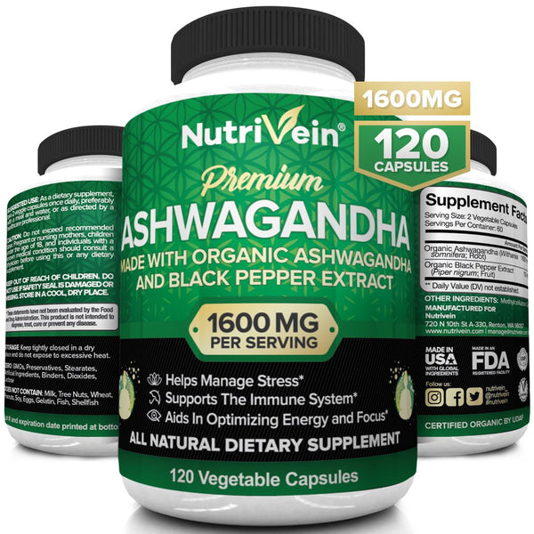 Nutrivein Organic Ashwagandha Capsules 1600Mg - 120 Vegan Pills - for Stress and Anxiety Relief - Herbal Supplements