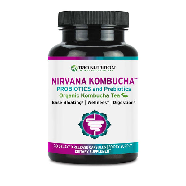 Trio Nutrition Nirvana Kombucha | Probiotic, Prebiotic & Organic Kombucha Tea | Billions of Multi-Strain Probiotics | Eases Bloating, Digestive & Immune Support for Men & Women | Supports PH Balance*