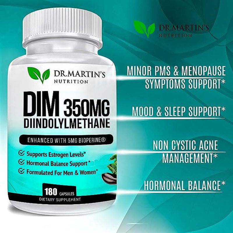 350Mg DIM Supplement plus Bioperine | 6 Months Supply for Estrogen Balance, Hormone Menopause Relief, Supporting Non-Cystic Acne & Bodybuilding | Diindolylmethane for Men & Women | Dr Martin'S