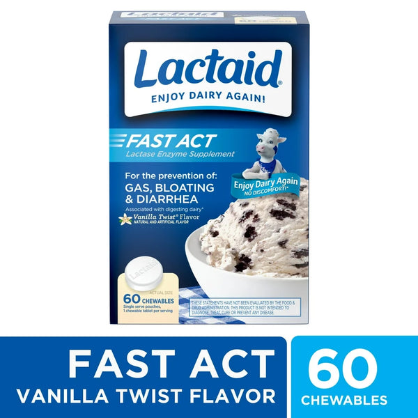 Lactaid Fast Act Lactose Relief Chewables, Vanilla, 60 Packs of 1Ct