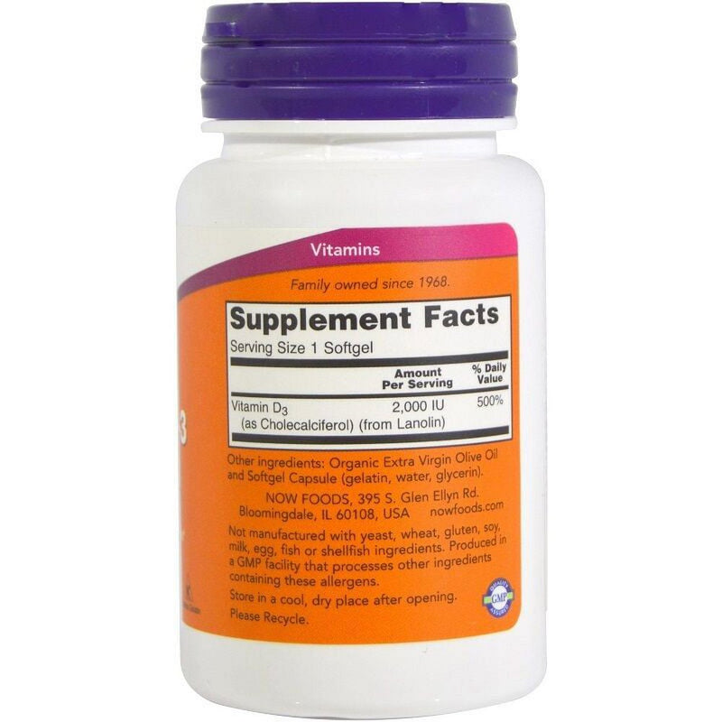NOW Supplements, Vitamin D-3 2,000 IU, High Potency, Structural Support*, 120 Capsules - 2 Packs