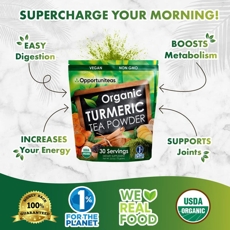 Opportuniteas Turmeric Organic Tea Superfood Powder for Joint Health with Matcha Green Tea, Ginger, Cinnamon 30 Servings