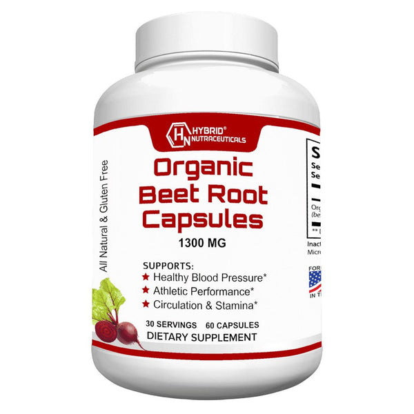 Hybrid Nutraceuticals Organic Beet Root Capsules 1300Mg - Natural Nitric Oxide Supplement Booster, Supports Blood Pressure, Circulation, Heart Health, Athletic Performance - 60 Capsules