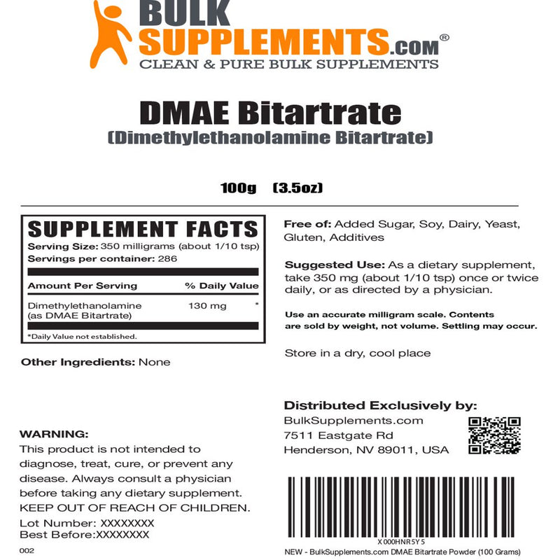 Bulksupplements.Com Dmae-Bitartrate Powder - Brain Support Supplements - Mental Focus Supplement (100 Grams - 3.5 Oz)