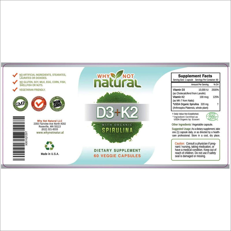 Vitamin D3 10,000 IU and K2 (MK7) plus Organic Spirulina