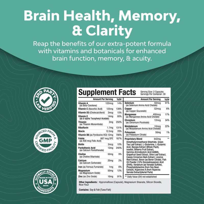 Advanced Brain Supplement for Memory and Focus - Nootropics Brain Support Supplement with Memory and Focus Vitamins for Adults of All Ages - Memory Supplement for Brain Fog Clarity Energy and Recall