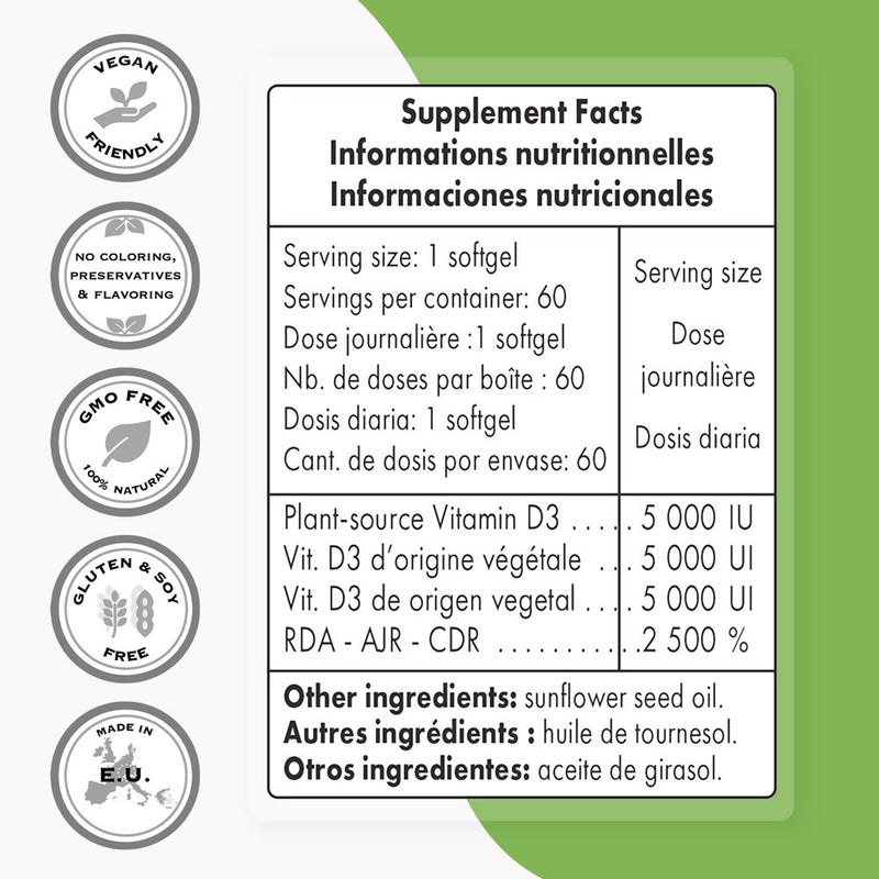 Supersmart - Vegan Vitamin D3 5000 IU per Day - Cholecalciferol Pills | Non-Gmo & Gluten Free - 60 Softgels