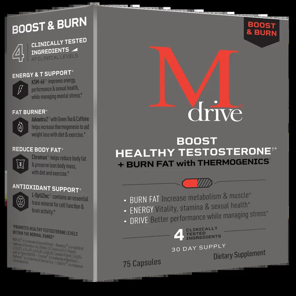 Mdrive Boost and Burn Testosterone Booster and Fat Burner for Men, Natural Energy, Strength, Stress Relief, Lean Muscle with Zinc, KSM-66 Ashwagandha, Cordyceps, Advantra Z, Chromax, 75 Capsules