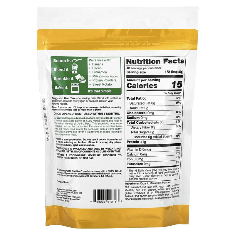 Organic Peruvian Maca Root Powder, USDA Organic, Certified by a Bee Organic, Non GMO, 8.5 Oz (240 G) Pure Powder