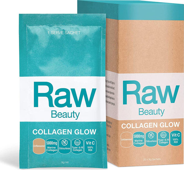 ia Unflavoured Raw Beauty Collagen Glow Pack of 20, Orange/Blue