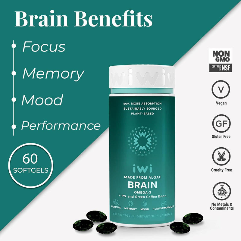 iwi Brain Booster Supports Mental Sharpness and Cognitive Wellness for Focus, Mood, Performance and Memory | Vegan Algae Omega 3 + PS and Green Coffee Bean Extract, EPA, DHA and Vitamin B6 | 30 Day Supply