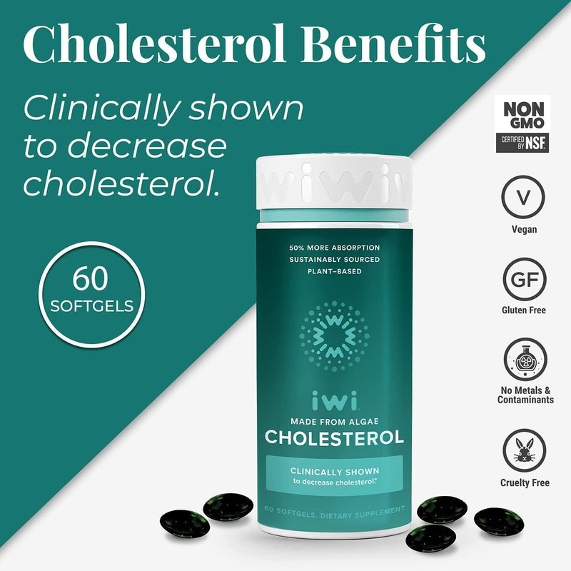 iwi Cholesterol Omega 3|Vegan|Clinically Shown to Decrease Cholesterol|Provides 50% More Absorption Than Fish or Other Algae Oils|Supports Heart Health|Helps Reduce Bad VLDL Cholesterol 30 Day Supply