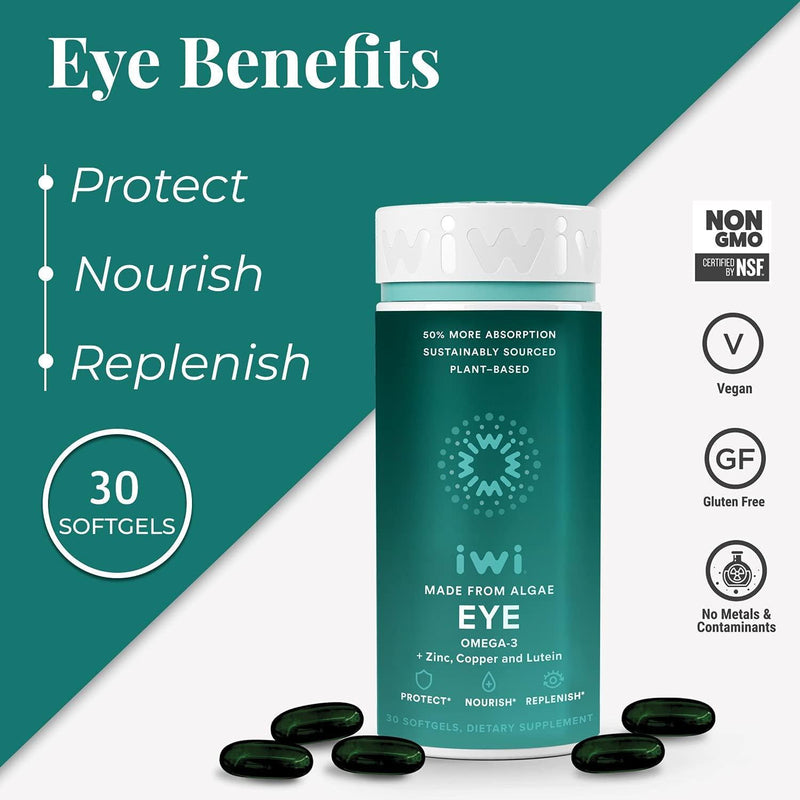 iwi Eye Multivitamin Supports Eye Strain, Dry Eye and Vision Health | Lutein, Copper, Zinc, DHA, EPA, Vegan Algae Omega 3 | 50% More Absorption Than Fish, Krill and Algae Oils | 30 Day Supply
