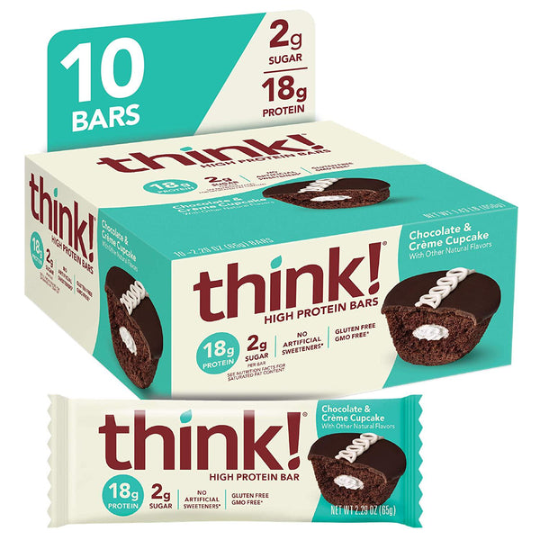 think! Protein Bars, High Protein Snacks, Gluten Free, Low Sugar Energy Bar with Whey Protein Isolate, Chocolate and Crème Cupcake, Nutrition Bars without Artificial Sweeteners, 2.1 Oz (10 Count)