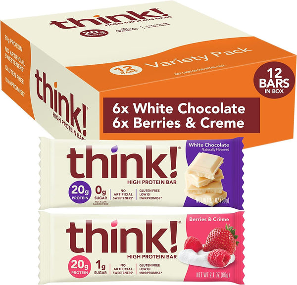 think! Protein Bars, High Protein Snacks, Gluten Free, Low Sugar Energy Bar with Whey Protein Isolate, Variety Pack, Nutrition Bars without Artificial Sweeteners, 2.1 Oz (12 Count)