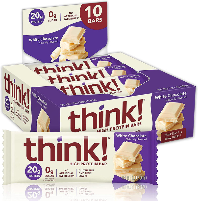 think! Protein Bars, High Protein Snacks, Gluten Free, Sugar Free Energy Bar with Whey Protein Isolate, White Chocolate, Nutrition Bars without Artificial Sweeteners, 2.1 Oz (10 Count)