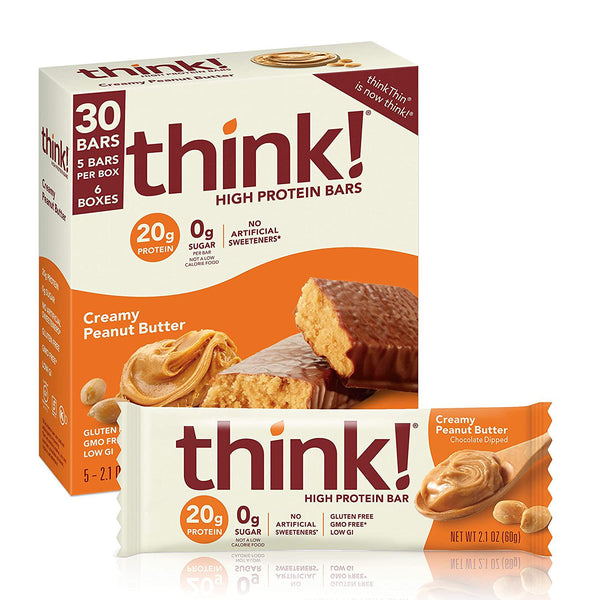 think! Protein Bars, High Protein Snacks, Gluten Free, Sugar Free Energy Bar with Whey Protein Isolate, Creamy Peanut Butter, Nutrition Bars without Artificial Sweeteners, 2.1 Oz , 5 Count - Pack of 6