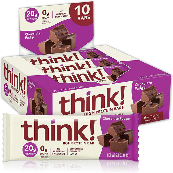 think! Protein Bars, High Protein Snacks, Gluten Free, Sugar Free Energy Bar with Whey Protein Isolate, Chocolate Fudge, Nutrition Bars without Artificial Sweeteners, 2.1 Oz (10 Count)