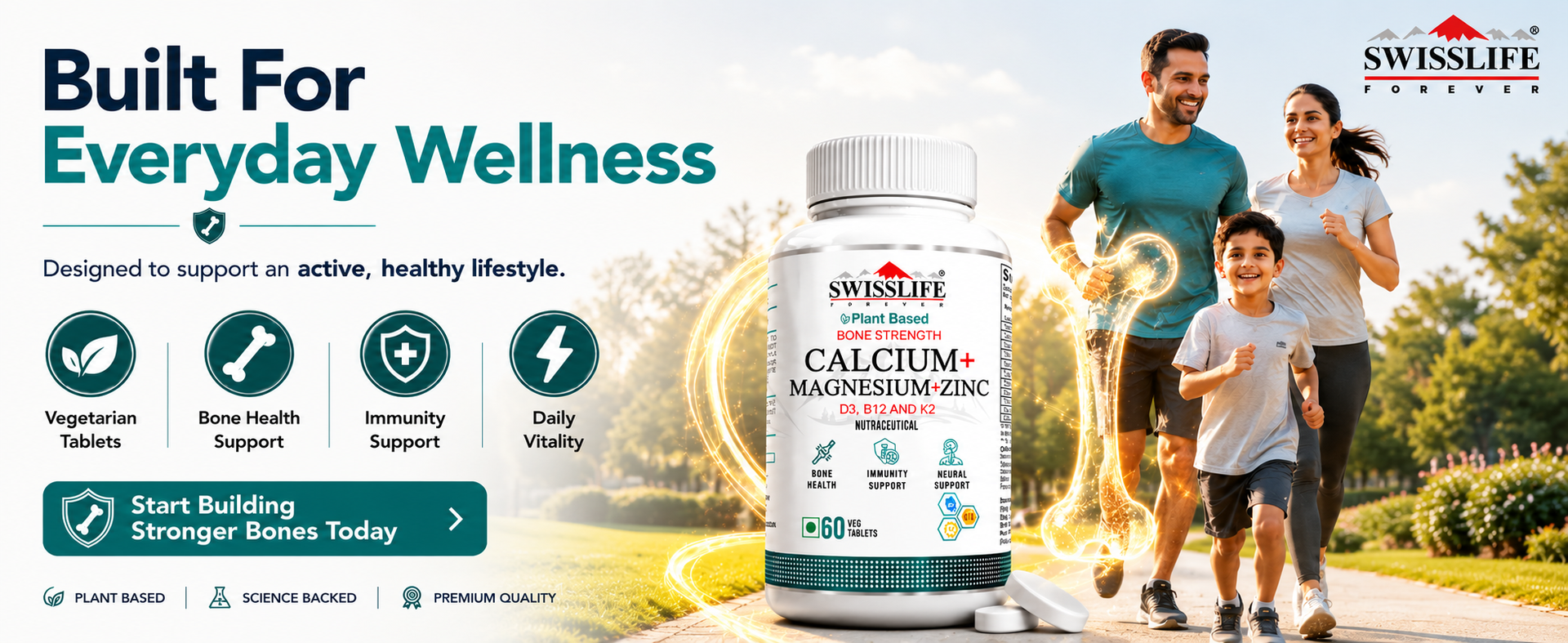 Swisslife Forever Calcium + Magnesium + Zinc + Vit. D3 + Vit. B12 + Vit. K2 Tablets For Men And Women (60 Tablets, Pack of 2)