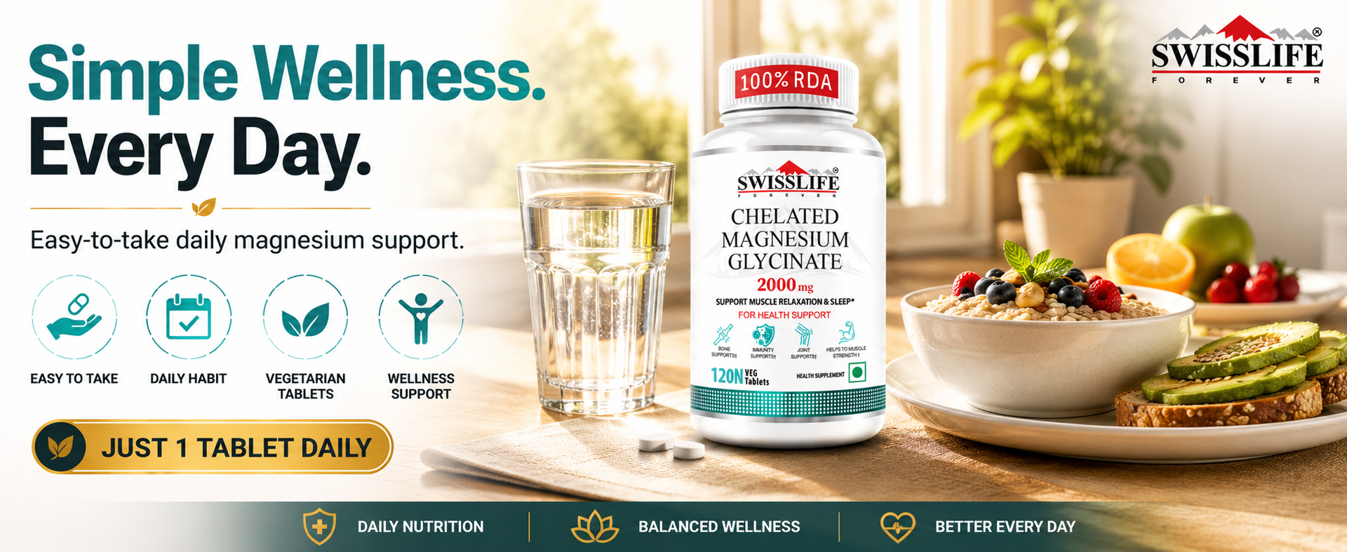 SWISSLIFE FOREVER Chelated Magnesium Glycinate | Dietary Tablets with Mineral and Amino acid (Magnesium Glycinate) Help in Bone health for Men & Women 120 Tablets (Pack of 2)