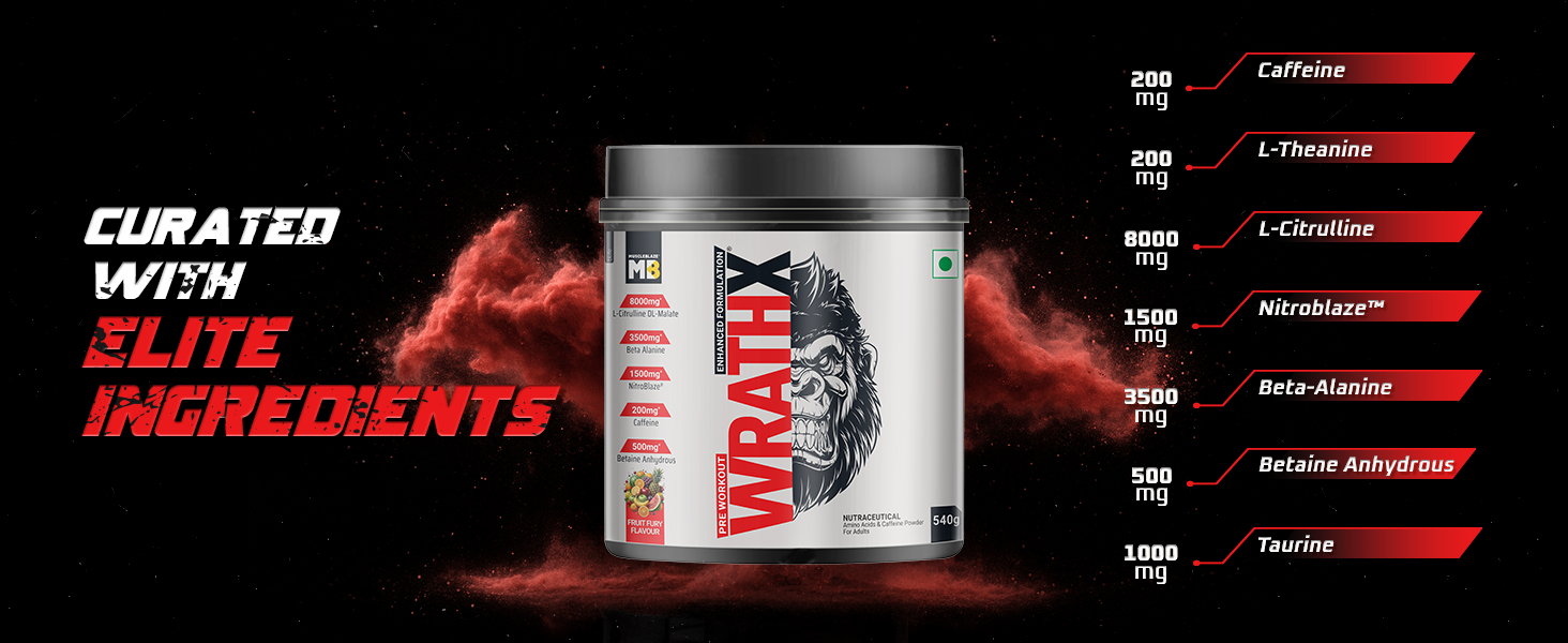 MuscleBlaze Pre Workout WrathX Powder, Fruit Fury, 540g | 30 Servings