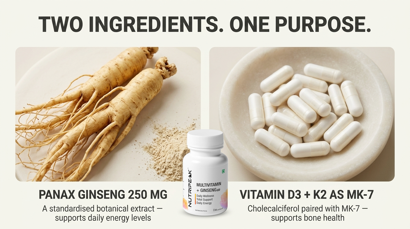 Multivitamin & Ginseng for Men, 250 mg Panax Ginseng Extract, 19 Vitamins & Minerals, K2 MK-7, 60 Vegetarian Capsules