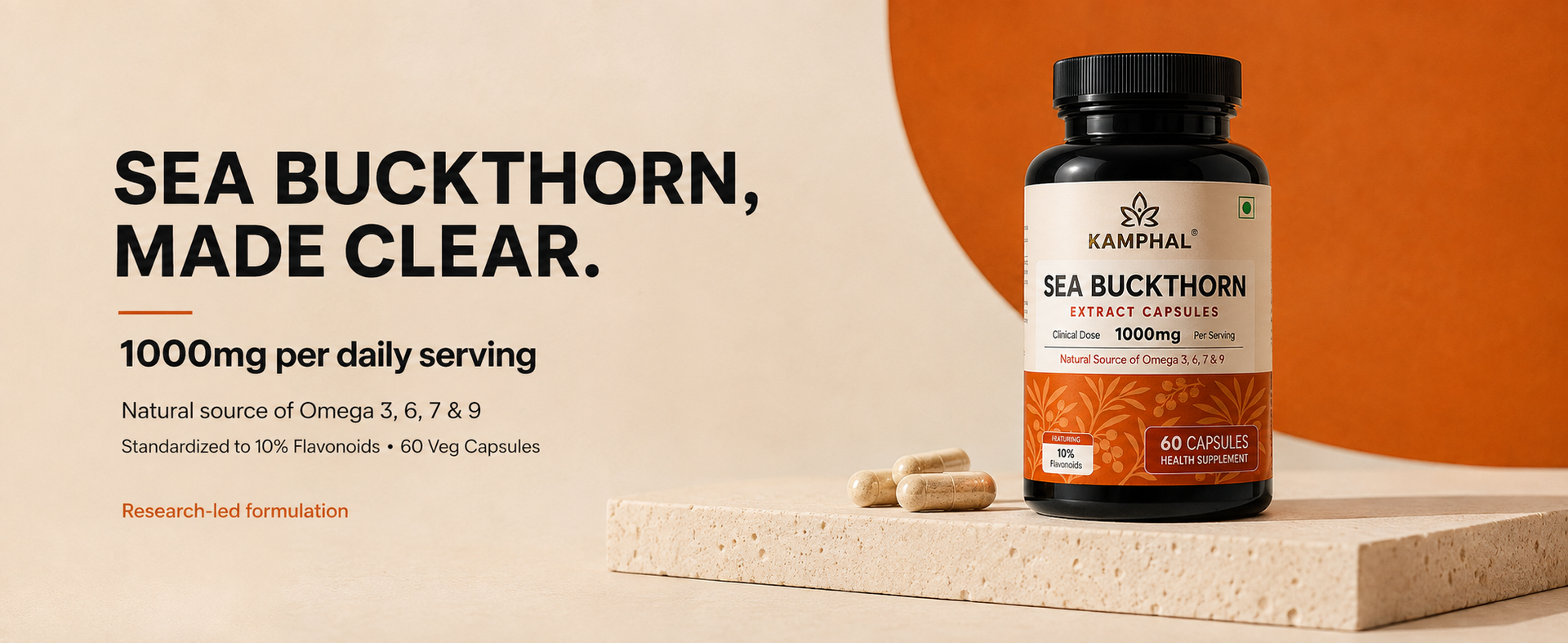 Sea Buckthorn Capsules | 1000mg Per Serving | 10% Flavonoids + Omega 3, 6, 7 & 9 | Antioxidant, Skin & Immunity Support | No Fillers or Additives | 60 Veg Capsules
